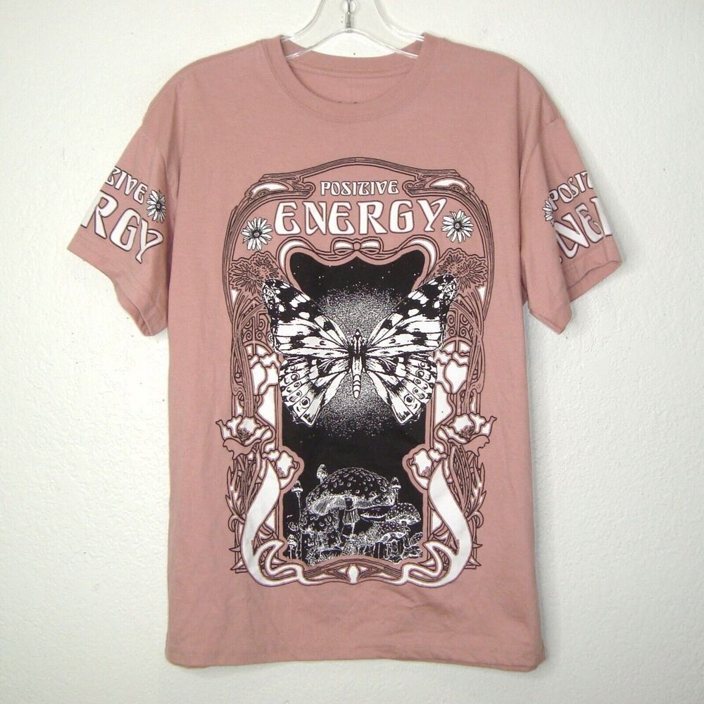 WEEKEND WARRIOR POSITIVE ENERGY Butterfly Mushroom Blush Pink Graphic Tee Size M